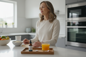 photo montrant une femme d'une quarantaine d'années dans une cuisine moderne, gérant sa routine mati