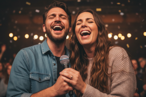 plan serré en leger contre-plongé sur un couple d'une trentaine d'années, ils chantent