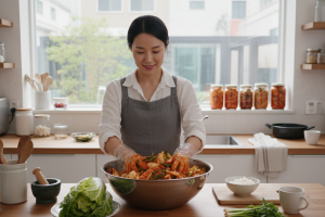 dans une cuisine, une femme coréene prépare du kimchi