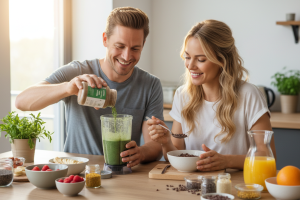 Prompt 1: Une photo réaliste et lumineuse. Un couple souriant d'une trentaine d'années, assis à une 