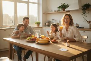 A candid, warm lifestyle photography of a happy, healthy family in a sunlit modern kitchen having br