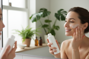 A photo of a happy woman in her 30s in a bright, modern bathroom, applying a gentle milky face clean