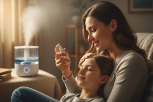 Illustration photographique, hyper-réaliste et chaleureuse. Scène d'intérieur familiale où une mère,