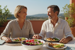 Un couple d'âge moyen, rayonnant de santé et de complicité, partage un déjeuner intime sur une terra