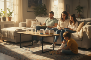 une famille dans le salon, sur la table basse une carafe d'eau et des verres ainsi que trois boîtes 