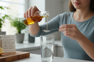 une jeune femme verse du vinaigre de cidre dans une cuillère afin de mesurer avant de le mettre dans