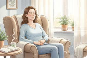 Une illustration de style aquarelle numérique et doux. Une femme d'une trentaine d'années est assise