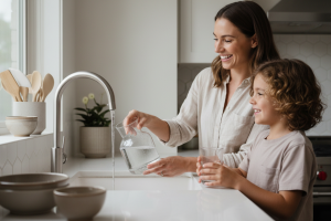 Une jeune mère et son enfant (environ 6-8 ans), joyeux et complices, sont à l'évier de la cuisine. L
