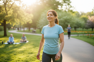 Prompt 2: Un homme ou une femme d'âge moyen, visiblement en forme et souriant, profite d'une séance 