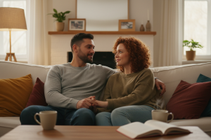 Un couple diversifié (homme et femme dans la trentaine) est assis sur un canapé confortable dans un 