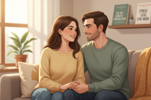 Un jeune couple, homme et femme, est assis dans un salon baigné de lumière naturelle, se tenant la m