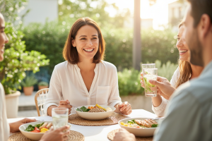Une scène de vie quotidienne lumineuse et chaleureuse. Une femme de 35 ans, souriante et détendue, d
