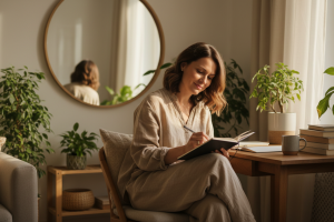 Une scène de vie quotidienne lumineuse et chaleureuse. On voit une femme d'une trentaine d'années da