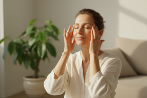 Photo réaliste lumineuse d'une femme d'une quarantaine d'années, rayonnante, pratiquant un automassa