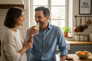 Prompt 2: Scène montrant un couple (homme et femme) souriant dans leur cuisine. L'homme boit un verr