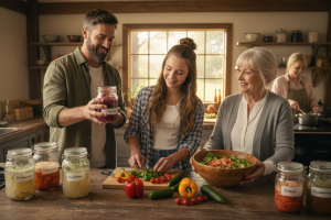 A heartwarming photo of a multi-generational family (parents, teenager, grandmother) in a rustic kit