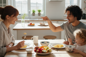 Une scène de petit-déjeuner joyeuse et lumineuse dans une cuisine moderne. Un couple d'une trentaine