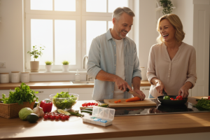 Une scène de vie quotidienne lumineuse et chaleureuse dans une cuisine moderne. Un couple d'une cinq