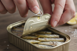 gros plan de mains en train d'ouvrir une boite de sardines