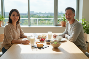 Prompt 1: Une scène de petit-déjeuner lumineux et moderne. Un couple la quarantaine sourit joyeuseme