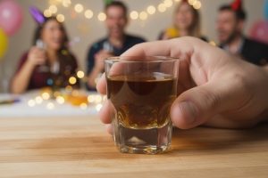 Gros plan (macro) sur un shot d'alcool fort, le liquide de couleur or intense remplissant un petit v