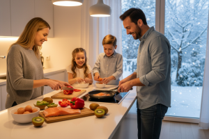 Un couple ou une famille souriante dans une cuisine moderne et lumineuse un soir d'hiver. Ils prépar