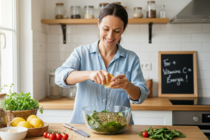 Prompt 1: Une femme souriante, d'environ 30 ans, dans une cuisine lumineuse, prépare un plat. Elle t
