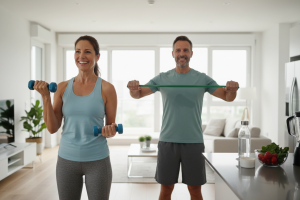 Prompt 1: Une image lumineuse et dynamique montrant une femme et un homme d'une quarantaine d'années