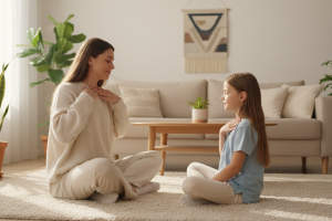 Dans un salon lumineux et chaleureux (tons beige, bois, plantes vertes), une mère (ou un père) est a