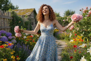 une femme très souriante dans un jardin