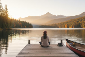 une femme assise en tailleur sur un ponton au bord d'un lac. on la voit de dos. On est au canada