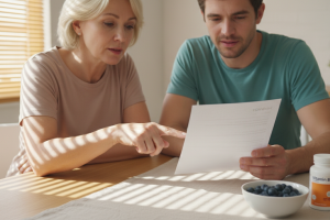 Un plan moyen rapproché (Medium Close-Up) capturant une femme d'une cinquantaine d'années et son fil