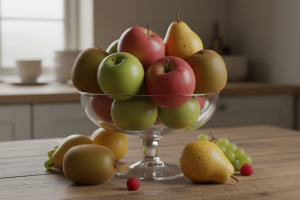 sur une table de cuisine en bois, gros plan sur un compotier avec des fruits, avec entre autres des 