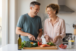 A candid lifestyle photography shot of a happy, healthy couple in their 40s in a modern, sun-drenche