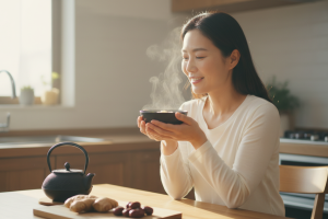 Photographie lumineuse et naturelle d'une femme de 35-40 ans dans une cuisine moderne et chaleureuse