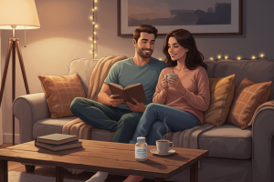 Prompt 1: Scène d'intérieur douillette au crépuscule. Un homme et une femme d'une trentaine d'années