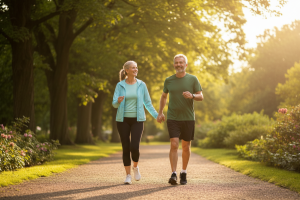 Prompt 2: Un couple d'une cinquantaine d'années se promène d'un pas dynamique dans un parc verdoyant