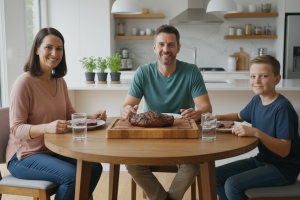 plan moyen sur Un couple souriant avec un enfant de 10 ans et en pleine forme, d'une trentaine d'ann