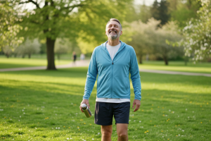 Prompt 1: Un homme d'une cinquantaine d'années, au look sain et énergique, fait une promenade matina