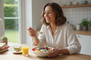 Prompt 1: Une femme souriante d'une trentaine d'années, assise à une table de cuisine lumineuse et m