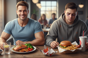 deux hommes autour d'une table. L'un est plein de santé, devant lui une assiette santé avec des coul
