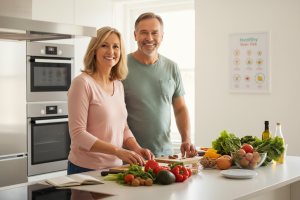 Une scène de vie quotidienne lumineuse et chaleureuse. Un couple d'une cinquantaine d'années, souria