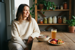 A candid, documentary-style photograph of a relaxed woman in her 40s, smiling genuinely and looking 