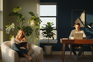 A warm, photorealistic scene of a happy couple in their modern apartment. The woman is reading a boo