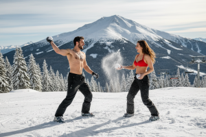 un couple dans une station de ski, ils font une bataille de neige. L'homme est torse nu et la femme 