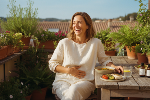 A candid, natural light photograph of a healthy, smiling woman in her 40s, radiating vitality and ca