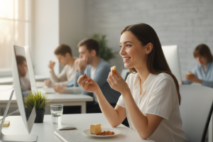 Photographie d'une jeune femme souriante, assise confortablement à son bureau lumineux en fin d'aprè