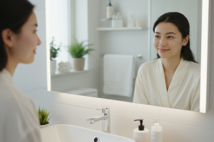 Prompt 1: Une jeune femme adulte souriante et sereine, avec une peau parfaitement nette et apaisée, 