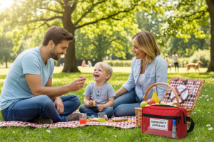 Une scène de vie quotidienne lumineuse et rassurante. Une famille (parents et enfant) fait un pique-
