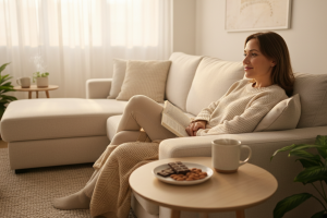 Prompt 1: Une scène paisible dans un salon moderne et douillet. plan moyen d'Une femme d'une trentai